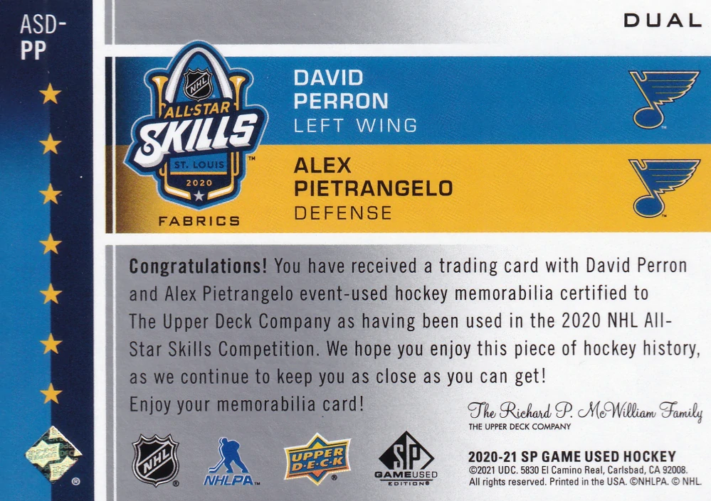 2020-21 UD SP Game Used - David Perron, Alex Pietrangelo - 2020 NHL All-Star Skills Fabrics Dual #ASD-PP