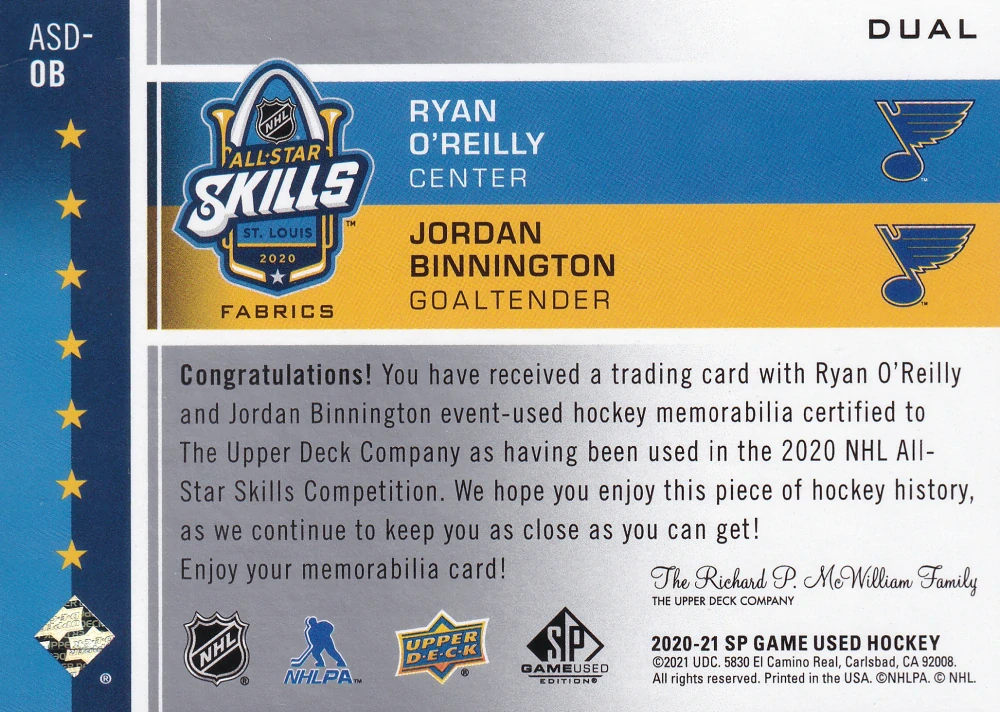2020-21 UD SP Game Used - Ryan O'Reilly, Jordan Binnington - 2020 NHL All-Star Skills Fabrics Dual #ASD-OB