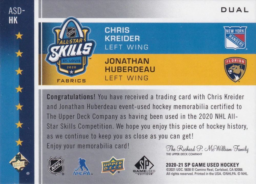 2020-21 UD SP Game Used - Chris Kreider, Jonathan Huberdeau - 2020 NHL All-Star Skills Fabrics Dual #ASD-HK