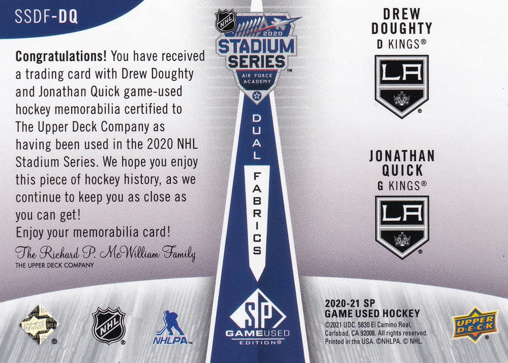 2020-21 UD SP Game Used - Drew Doughty, Jonathan Quick - 2020 Stadium Series Fabrics Dual #SSDF-DQ