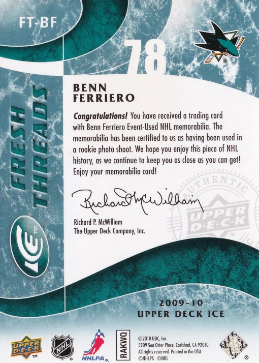 2009-10 UD Ice - Benn Ferriero - Fresh Threads #FT-BF