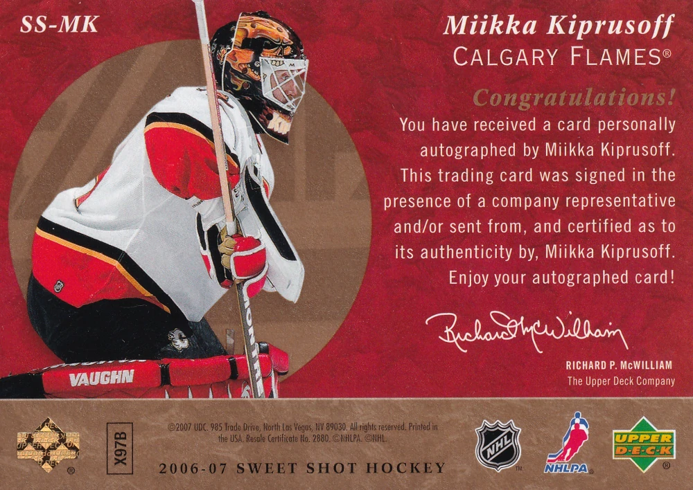 2006-07 UD Sweet Shot - Miikka Kiprusoff - Signature Saves #SS-MK