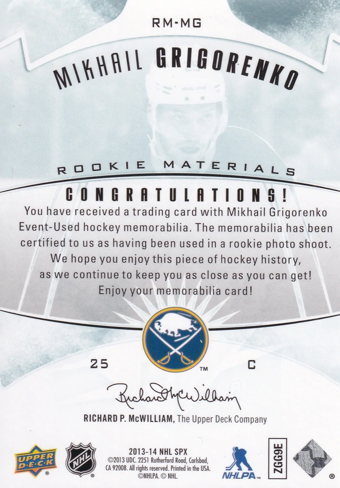 2013-14 UD SPx - Mikhail Grigorenko - Rookie Materials #RM-MG