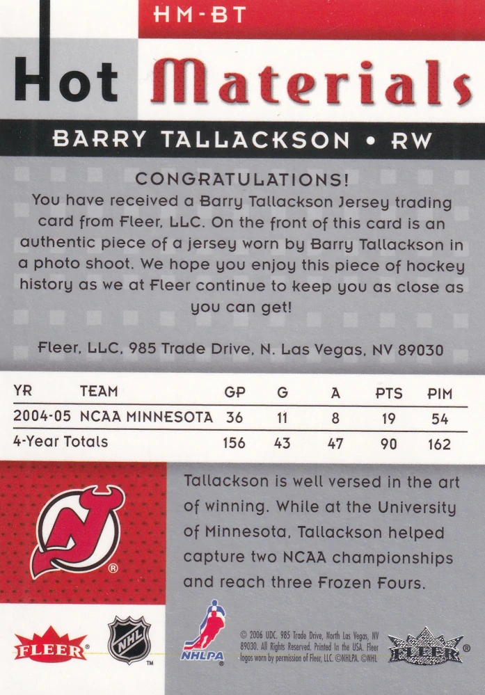2005-06 Fleer Hot Prospects - Barry Tallackson - Hot Materials #HM-BT