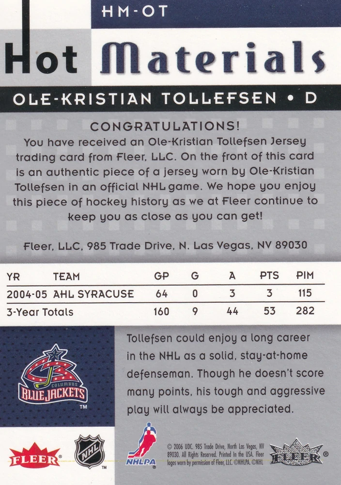 2005-06 Fleer Hot Prospects - Ole-Kristian Tollefsen - Hot Materials #HM-OT