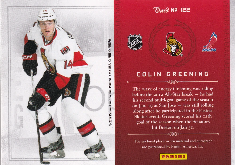 2011-12 Panini Rookie Anthology - Colin Greening - Rookie Treasures Signatures /499 #122