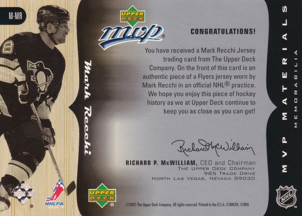 2005-06 UD MVP - Mark Recchi - MVP Materials #M-MR