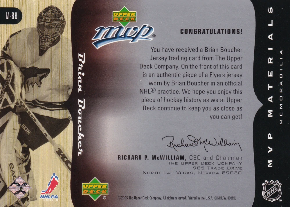 2005-06 UD MVP - Brian Boucher - MVP Materials #M-BB