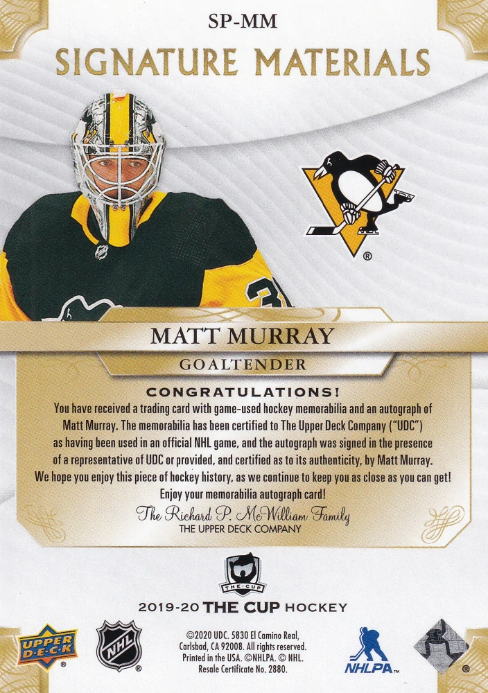 2019-20 UD The Cup - Matt Murray - Signature Materials /99 #SP-MM