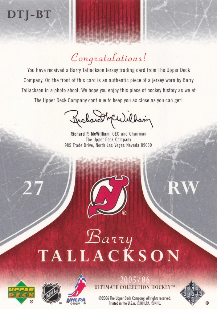 2005-06 UD Ultimate Collection - Barry Tallackson - Ultimate Debut Threads /250 #DTJ-BT