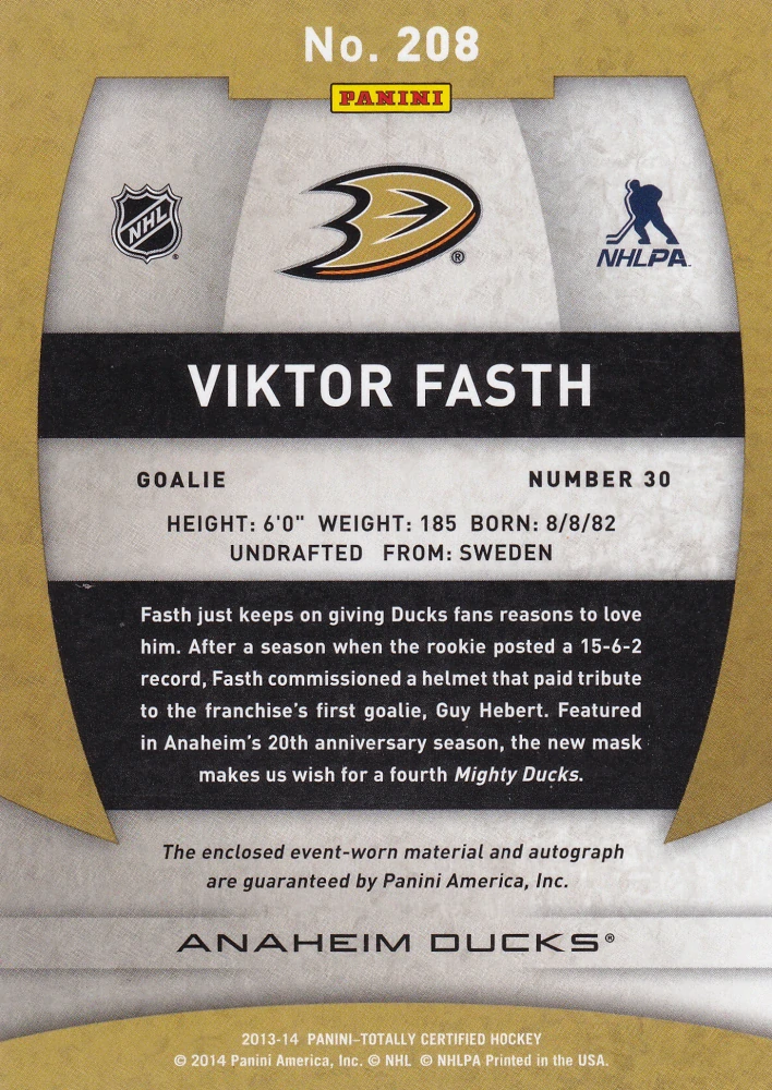 2013-14 Panini Totally Certified - Victor Fasth - Rookie Autograph Jerseys #208