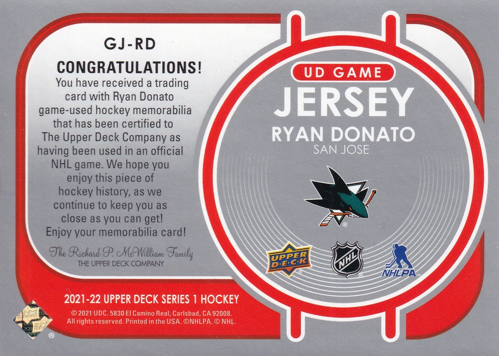 2021-22 UD Series 1 - Ryan Donato - UD Game Jersey #GJ-RD