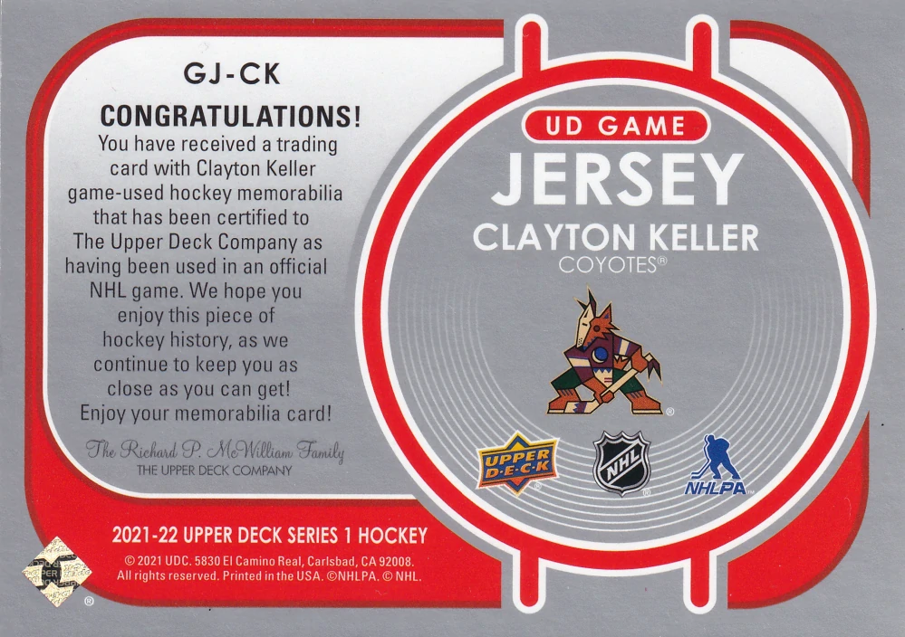 2021-22 UD Series 1 - Clayton Keller - UD Game Jersey #GJ-CK