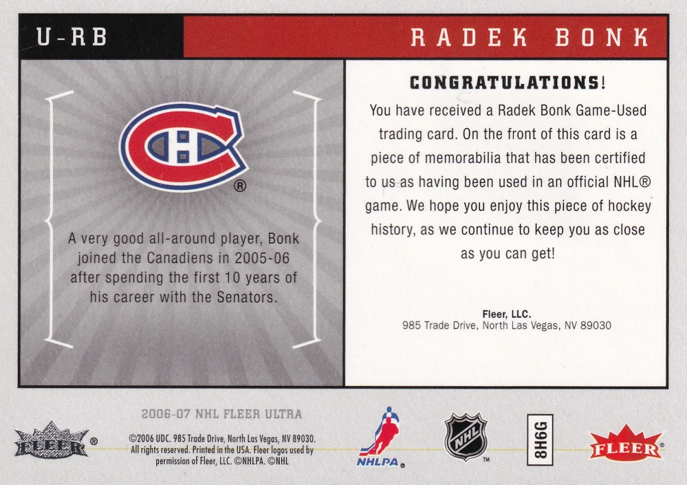 2006-07 Fleer Ultra - Radek Bonk - Ultra Uniformity #U-RB