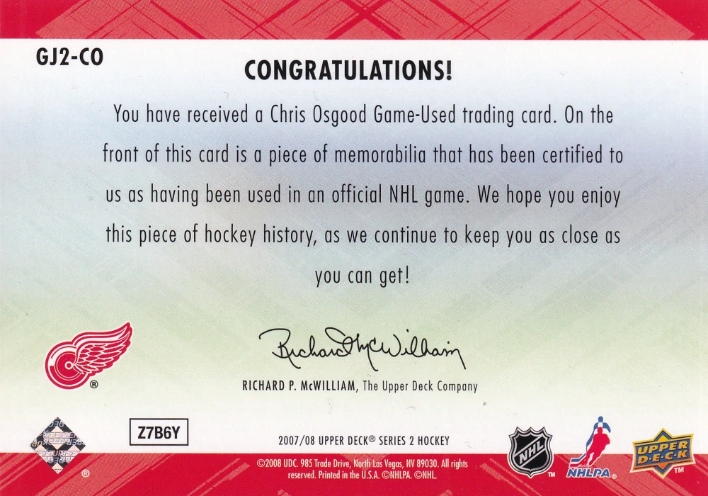 2007-08 UD Series 2 - Chris Osgood - Game Jersey #GJ2-CO