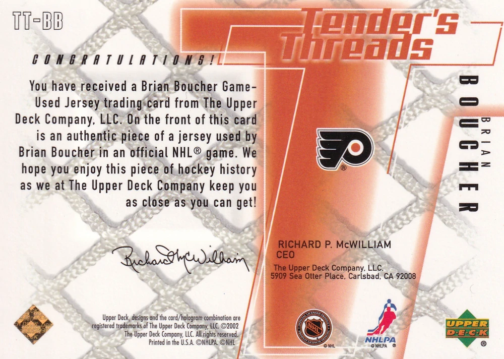 2001-02 UD Series 2 - Brian Boucher - Tender's Threads #TT-BB