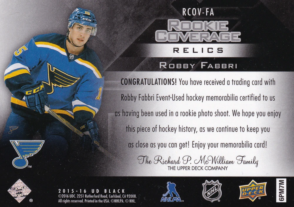 2015-16 UD Black - Robby Fabbri - Rookie Coverage Relics #RCOV-FA