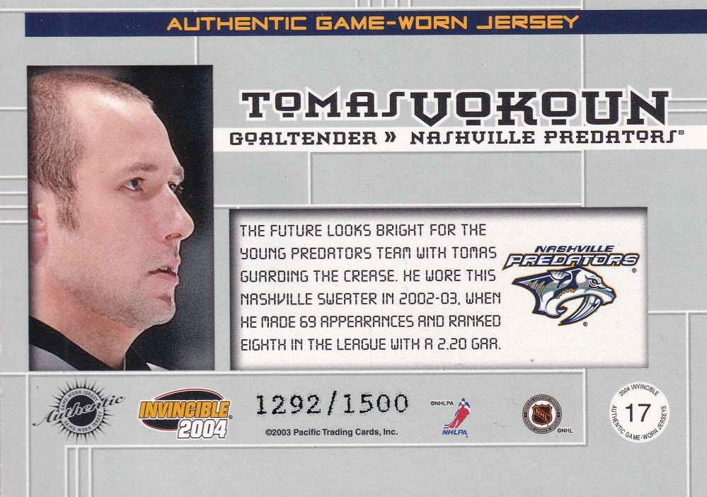 2003-04 Pacific Invincible - Tomáš Vokoun - Authentic Game-Worn Jerseys /1500 #17