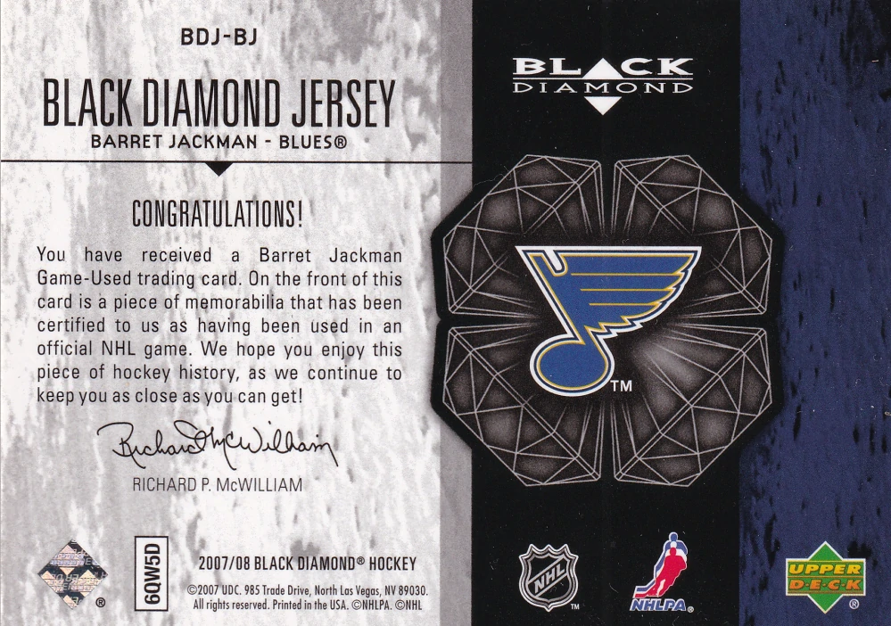 2007-08 UD Black Diamond - Barret Jackman - Jersey #BDJ-BJ