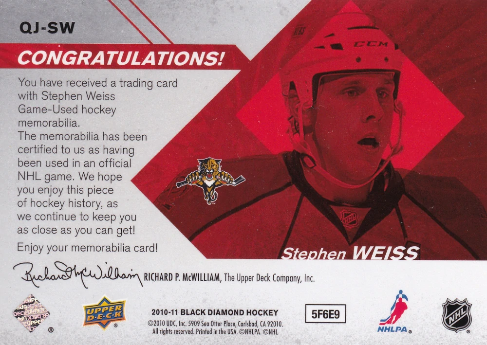 2010-11 UD Black Diamond - Stephen Weiss - Quad Jerseys #QJ-SW