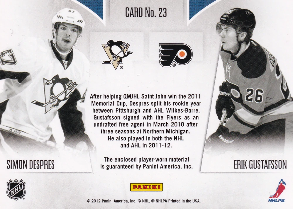 2011-12 Panini Rookie Anthology - Simon Despres, Erik Gustafsson - Rookie Rivalry Materials #23