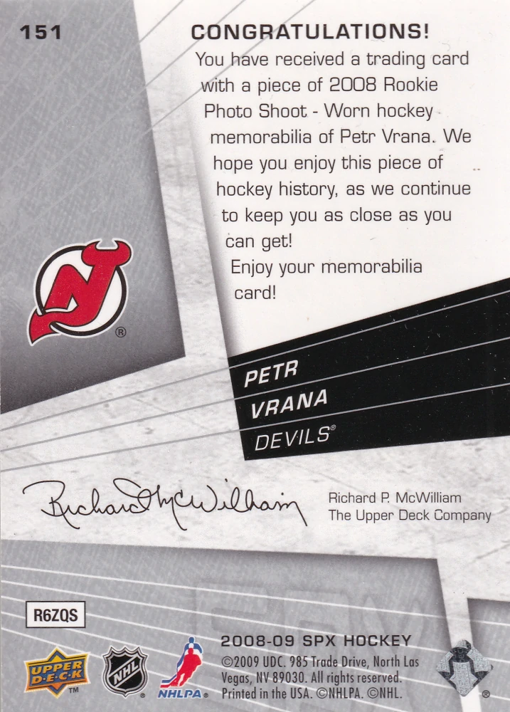 2008-09 UD SPx - Petr Vrána - SPX Rookies Jerseys /1299 #151