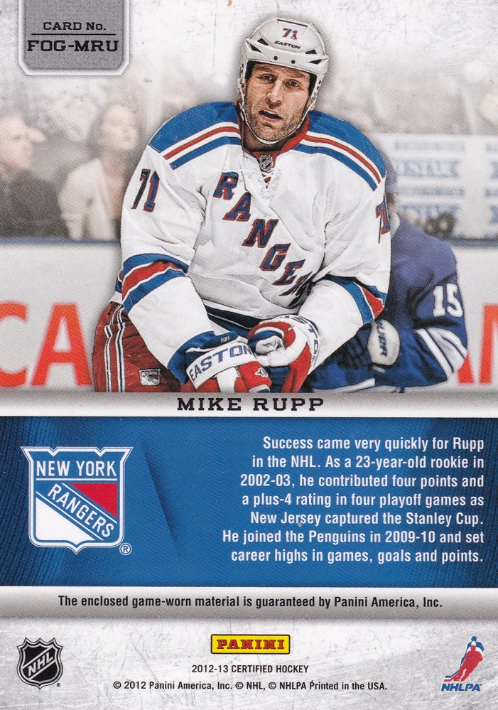 2012-13 Panini Certified - Mike Rupp - Fabric Of The Game /299 #FOG-MRU