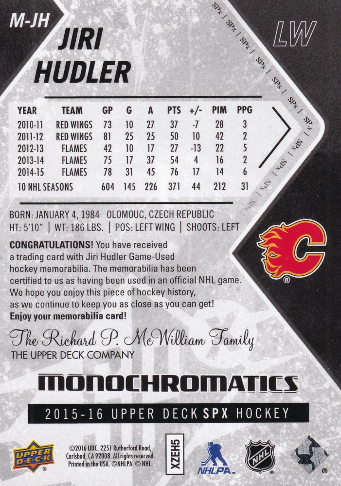 2015-16 UD SPX - Jiří Hudler - Monochromatics #M-JH