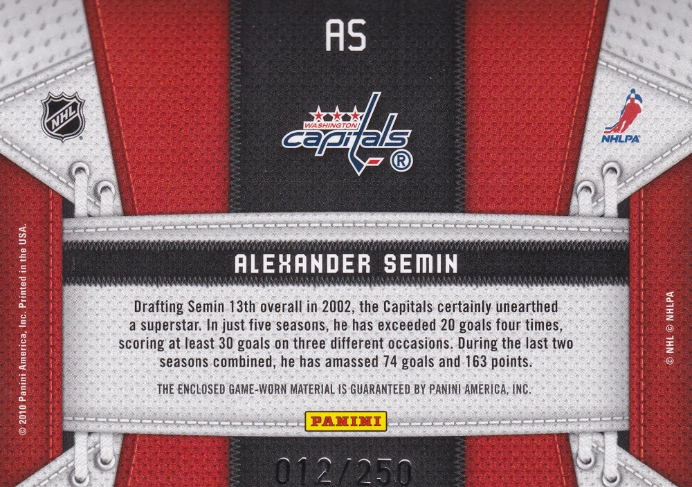 2010-11 Panini Certified - Alexander Semin - Fabric Of The Game /250 #AS