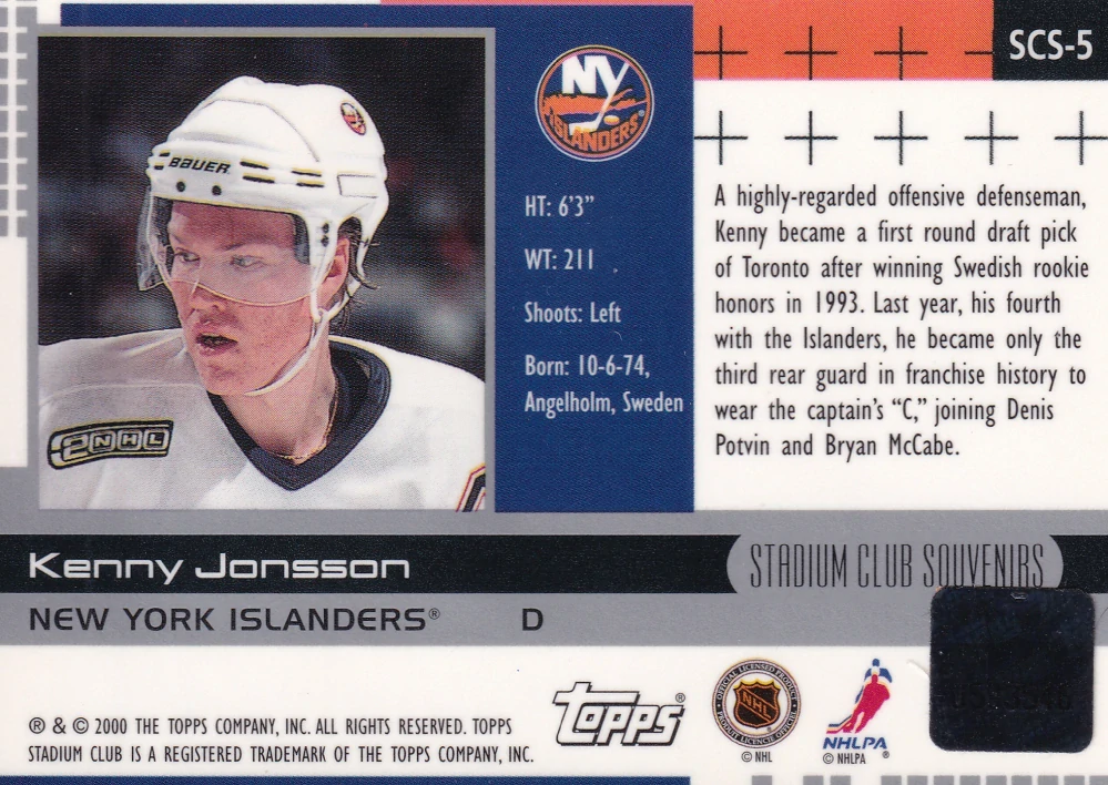 2000-01 Topps Stadium Club - Kenny Jonsson - Souvenirs #SCS-5