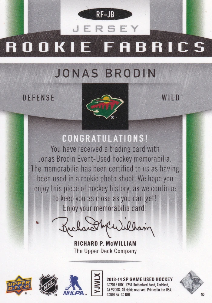 2013-14 UD SP Game Used - Jonas Brodin - Rookie Fabrics #RF-JB