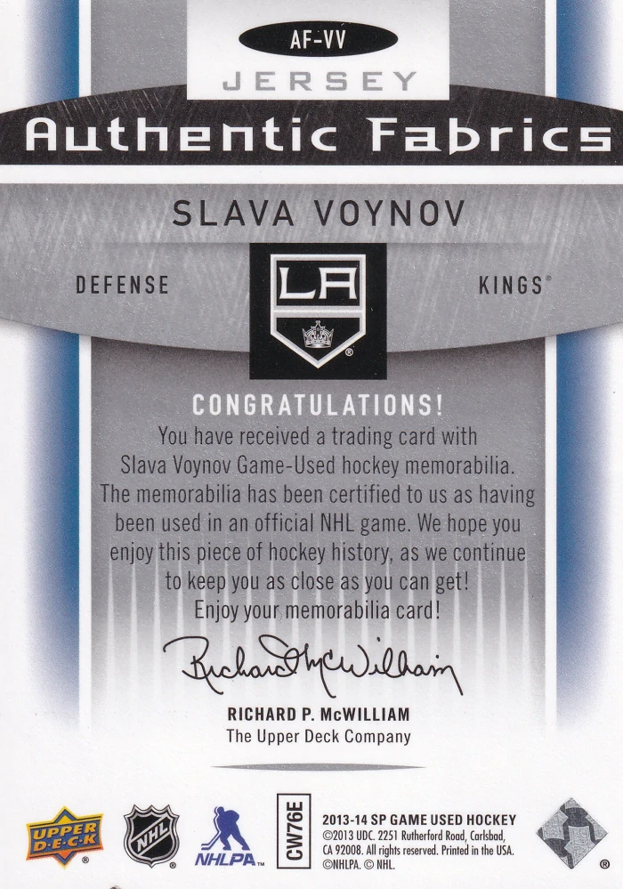 2013-14 UD SP Game Used - Slava Voynov - Authentic Fabrics #AF-VV