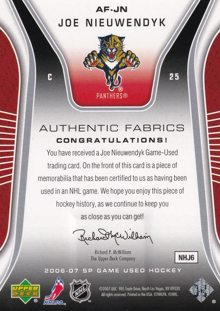 2006-07 UD SP Game Used - Joe Nieuwendyk - Authentic Fabrics #AF-JN