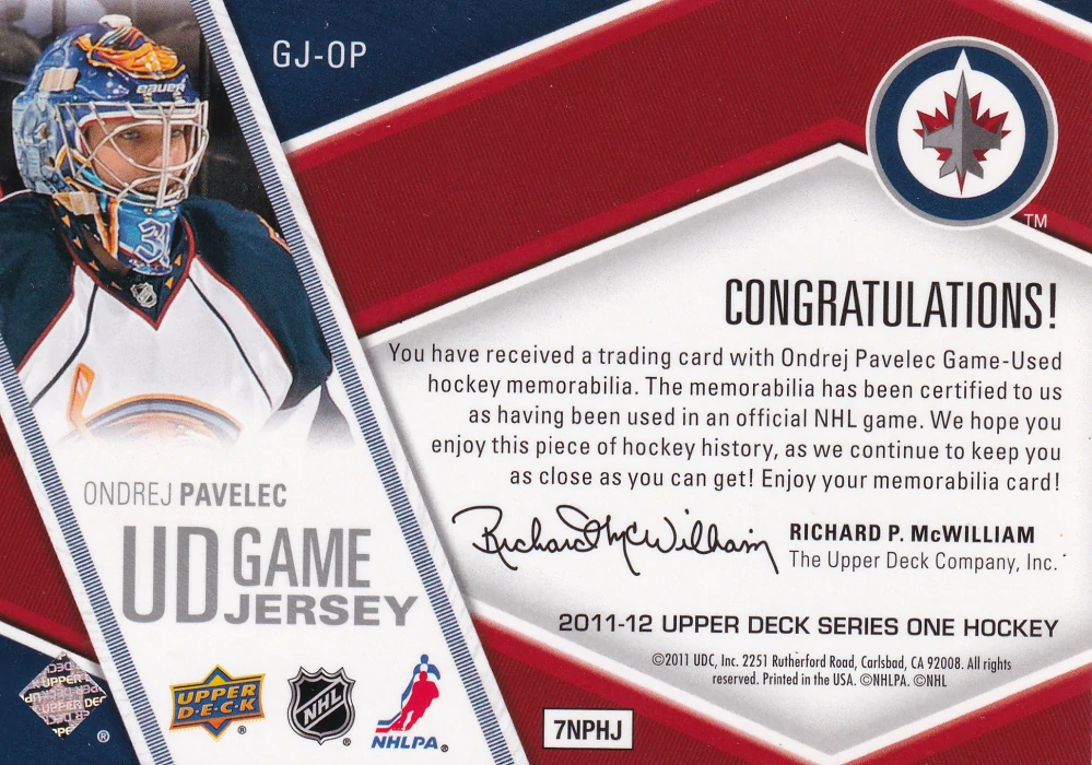 2011-12 UD Series 1 - Ondřej Pavelec - UD Game Jersey #GJ-OP