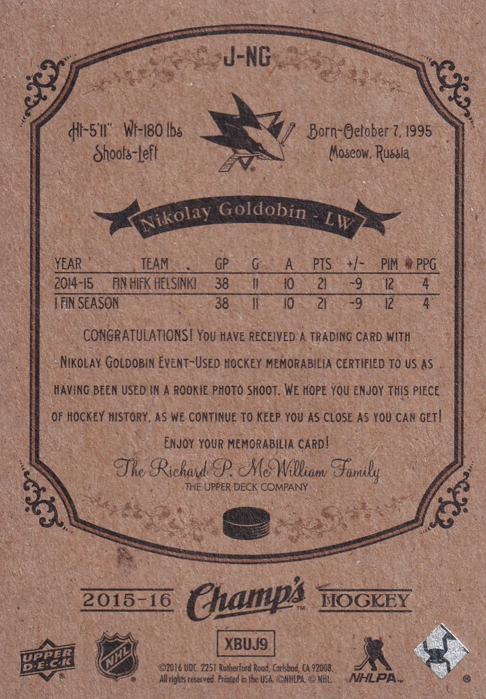 2015-16 UD Champ's - Nikolay Goldobin - Jersey Relics #J-NG