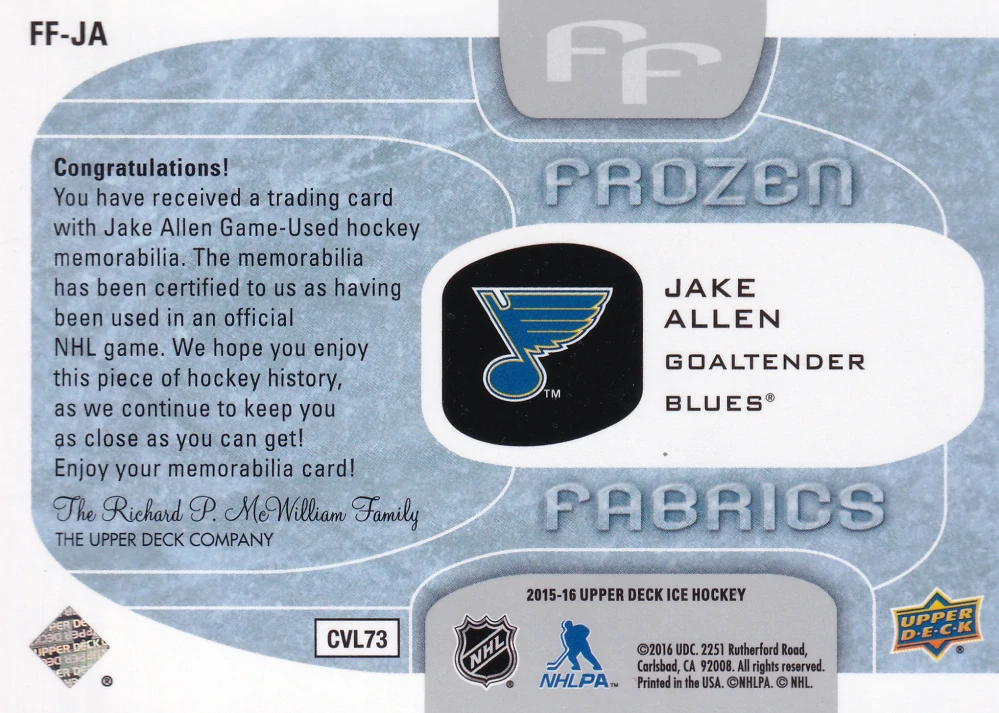 2015-16 UD Ice - Jake Allen - Frozen Fabrics #FF-JA