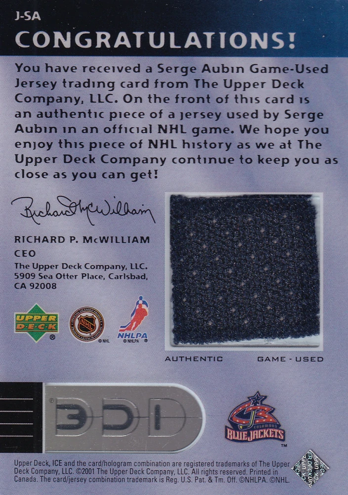 2001-02 UD Ice - Serge Aubin - Jersey Card #J-SA