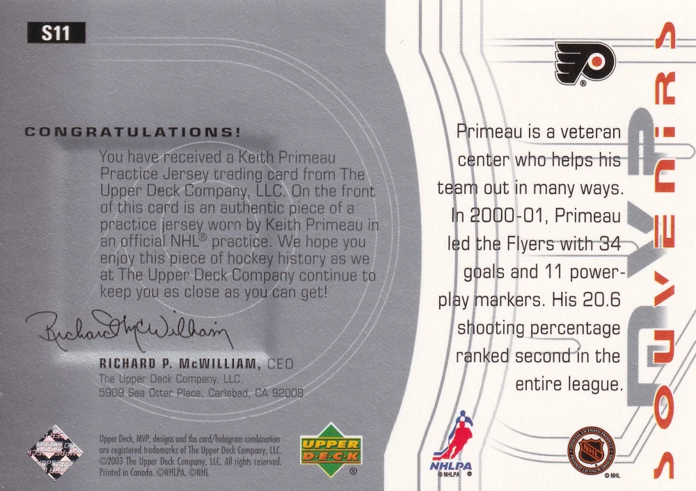 2003-04 UD MVP - Keith Primeau - Souvenirs #S11