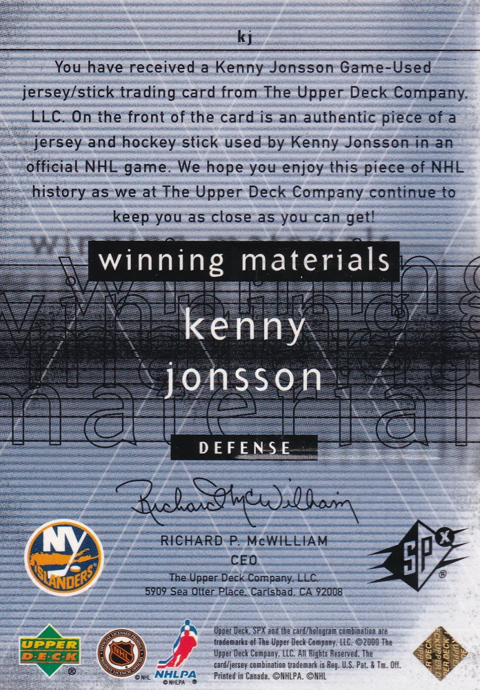 2000-01 UD SPx - Kenny Jonsson - Winning Materials #kj