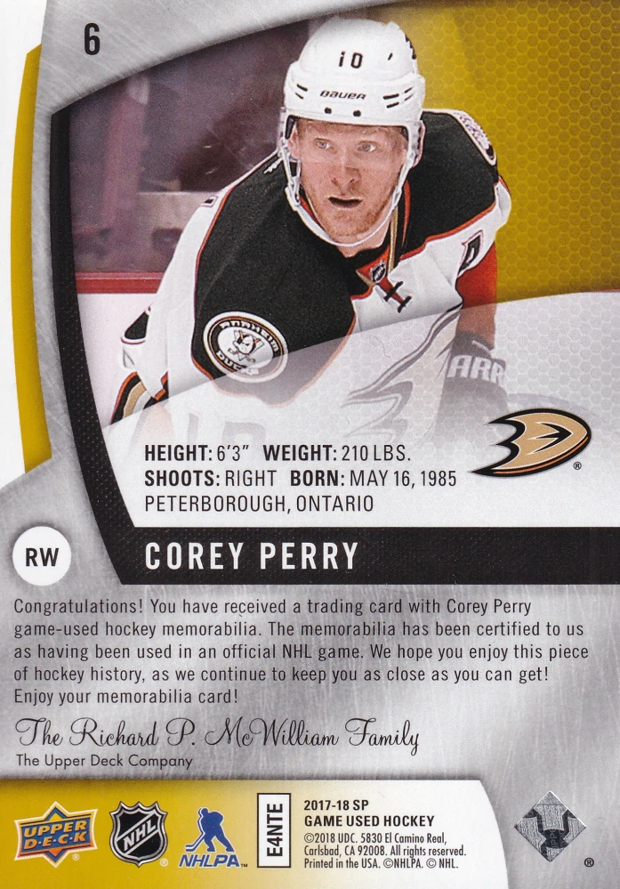 2017-18 UD SP Game Used - Corey Perry - Jersey #6