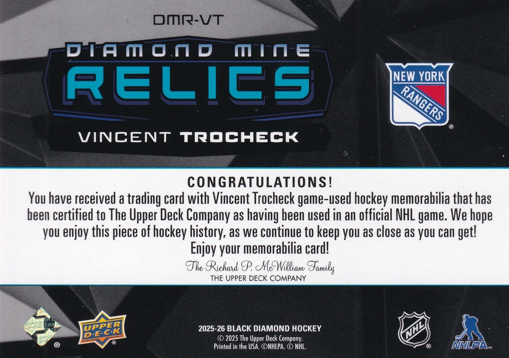 2025-26 UD Black Diamond - Vincent Trocheck - Diamond Mine Relics #DMR-VT