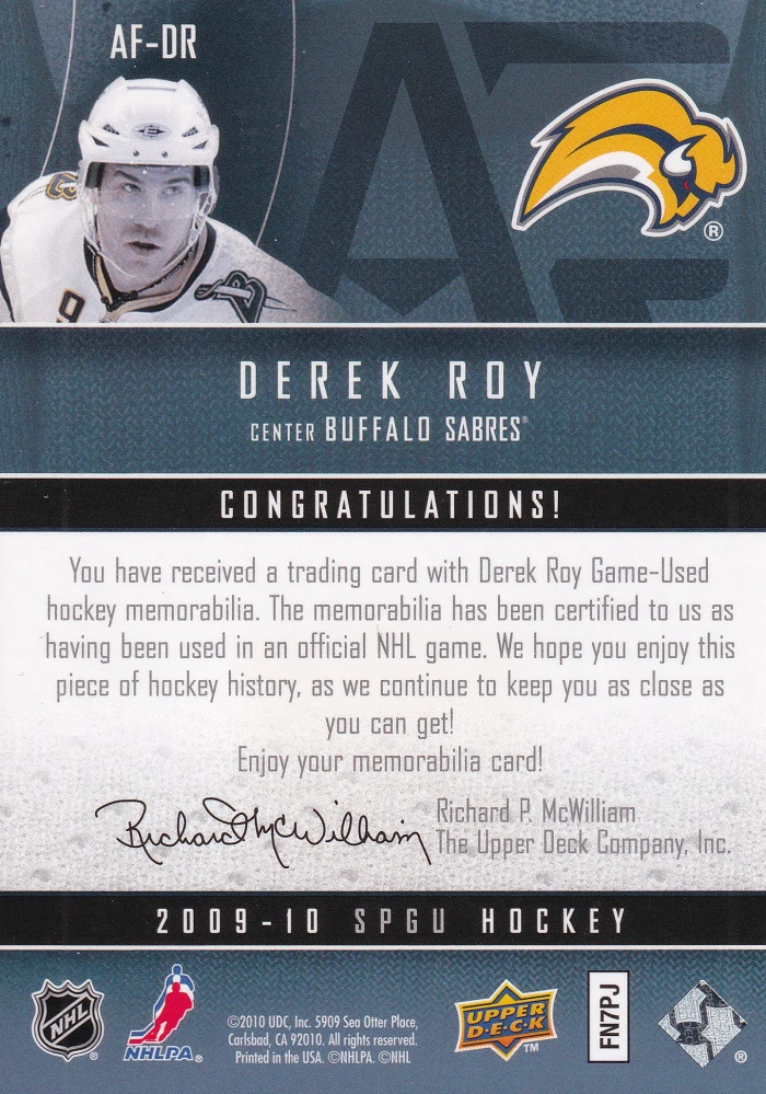 2009-10 UD SP Game Used - Derek Roy - Authentic Fabrics /100 #AF-DR