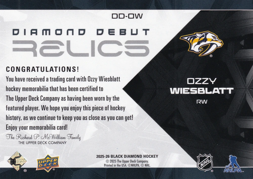 2025-26 UD Black Diamond - Ozzy Wiesblatt - Diamond Debut Relics #DD-OW
