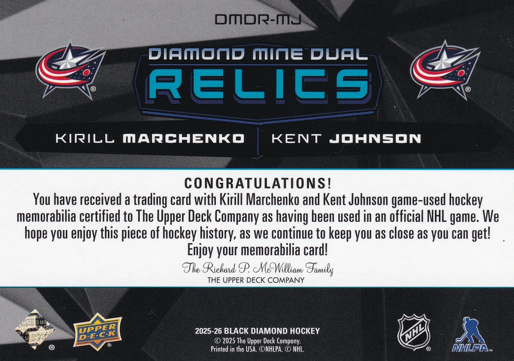2025-26 UD Black Diamond - Kirill Marchenko, Kent Johnson - Diamond Mine Dual Relics #DMDR-MJ