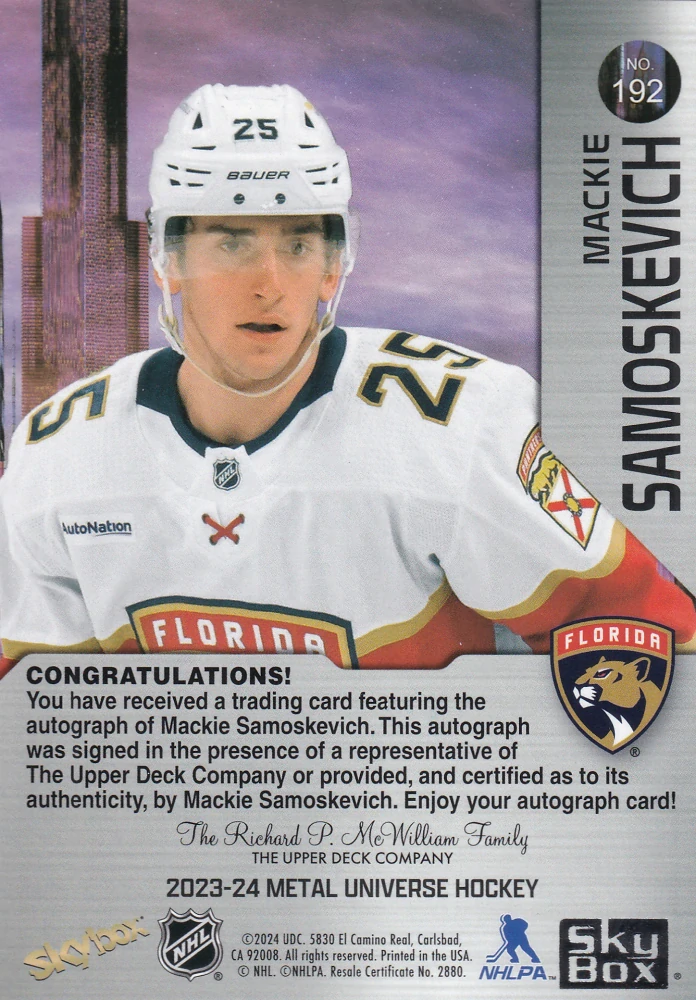 2023-24 UD Skybox Metal Universe - Mackie Samoskevich - Rookie Silver Autograph /399 #192