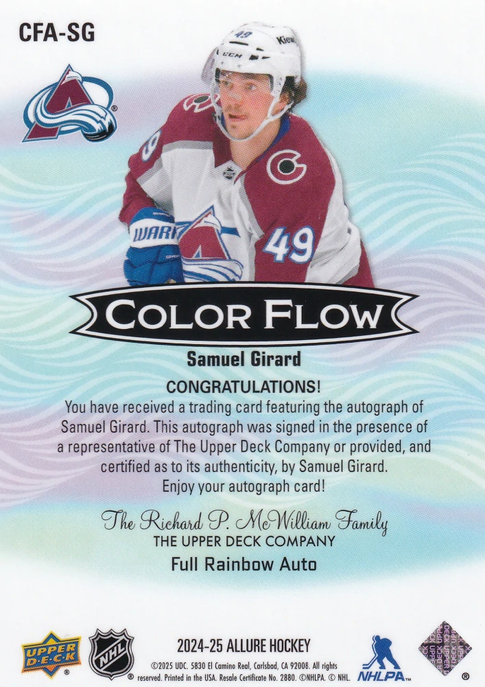 2024-25 UD Allure - Samuel Girard - Color Flow - Full Rainbow Auto #CFA-SG