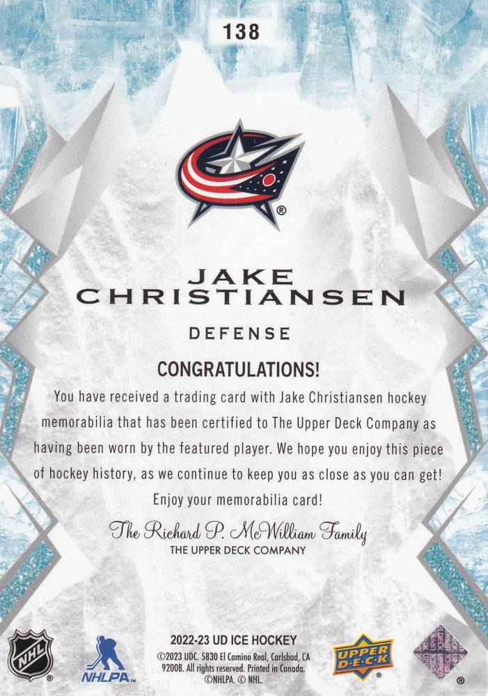 2022-23 UD Ice - Jake Christiansen - Rookie Jersey #138