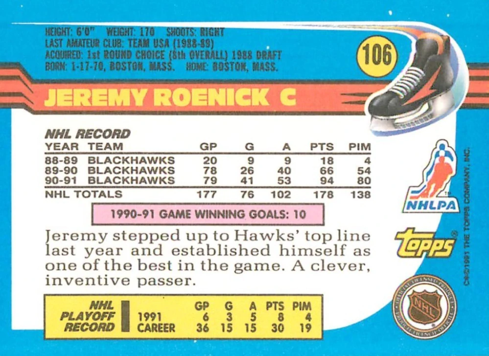 1991-92 Topps - Jeremy Roenick #106