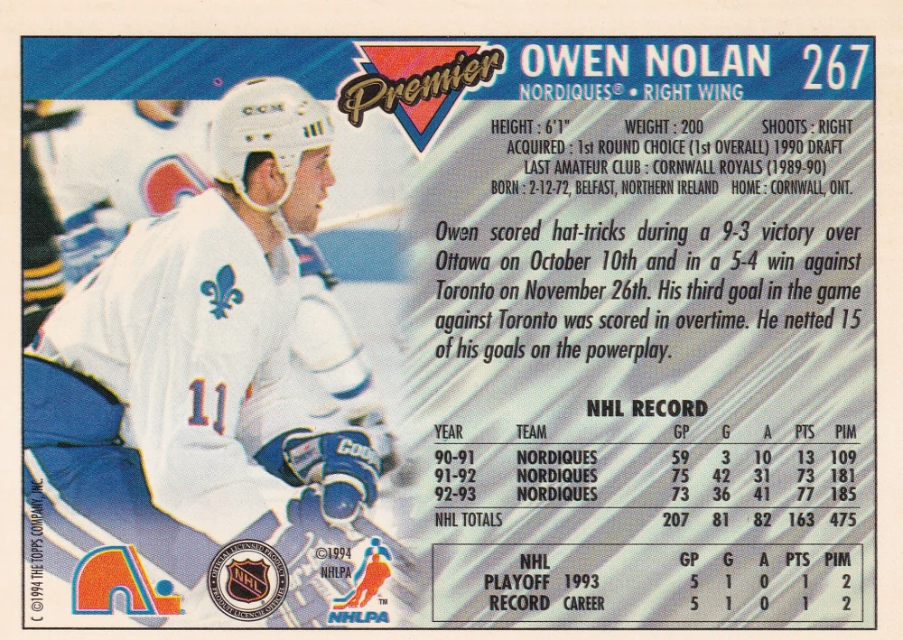 1993-94 Topps Premier - Owen Nolan #267