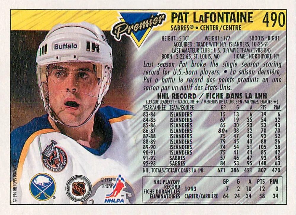 1993-94 O-Pee-Chee Premier - Pat LaFontaine #490